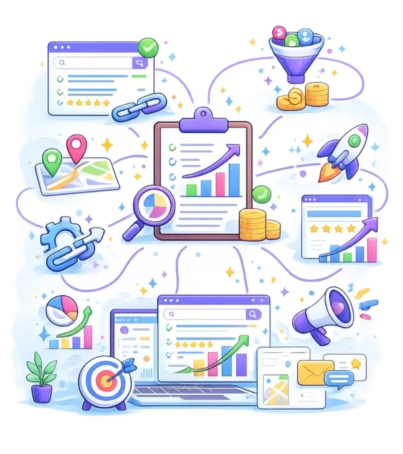 SEO optimisation services Melbourne illustration showing keyword research, website optimisation, backlink strategy and organic search growth.