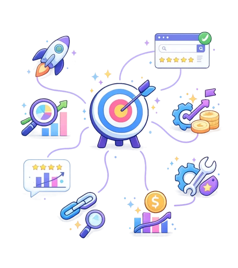 SEO services Melbourne illustration showing keyword research, search rankings, backlinks, website optimisation and organic traffic growth.