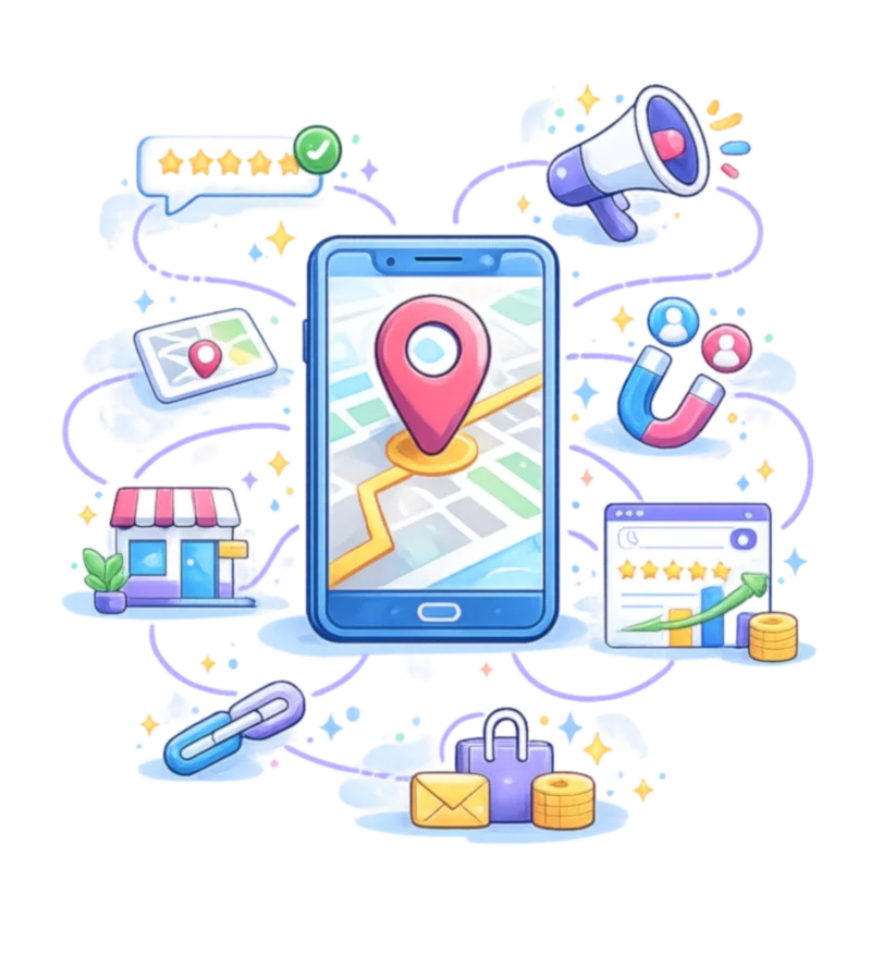 Local SEO services Australia illustration showing Google Business Profile optimisation, map rankings, customer reviews, local citations and business visibility.