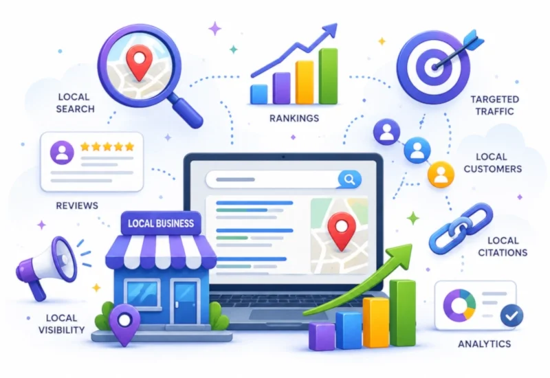 Local SEO strategy illustration showing business growth, local search rankings, website optimisation, customer acquisition and analytics.