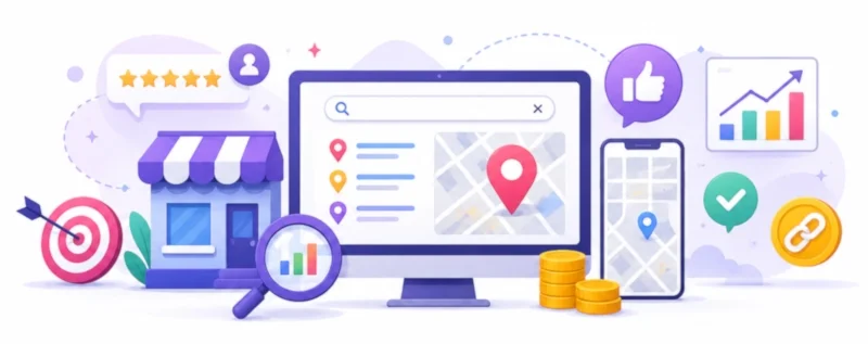 SEO services Sydney illustration showing local search visibility, business listings, customer reviews, search rankings and website growth.