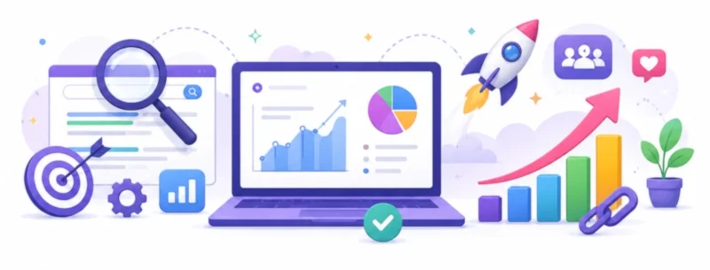 SEO services Sydney illustration showing keyword research, website optimisation, search rankings, backlink strategy and organic traffic growth.