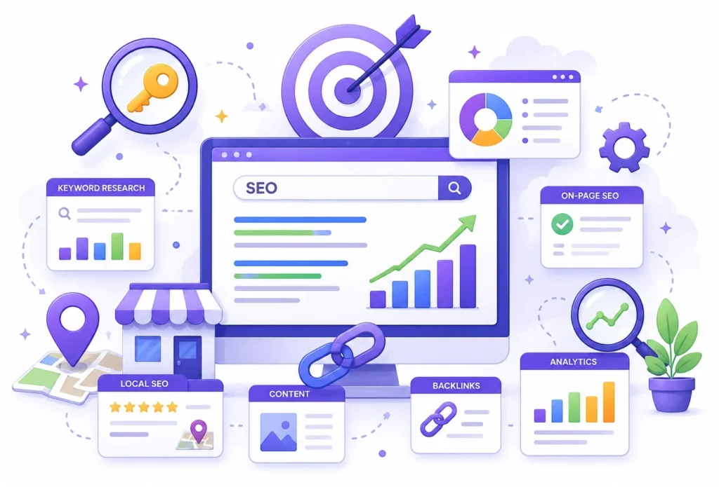 SEO strategy illustration showing keyword research, backlinks, analytics, on-page SEO and search engine ranking growth for Sydney businesses.