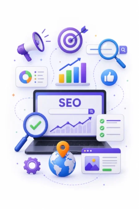 Digital marketing agency Melbourne illustration showing SEO, website optimisation, search visibility, analytics, content marketing and business growth.